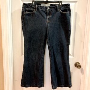 Ann Taylor LOFT flared jeans, shortened to 26 in inseam, Dark wash, snap pockets